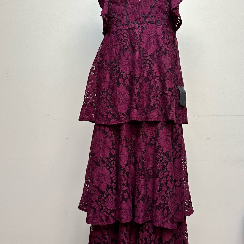Lulu's Burgundy Lace Tiered Maxi Dress - Picture 2 of 14
